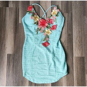 Light Blue Embroided Floral Monaco Cross Strap Dress Summer Size Large